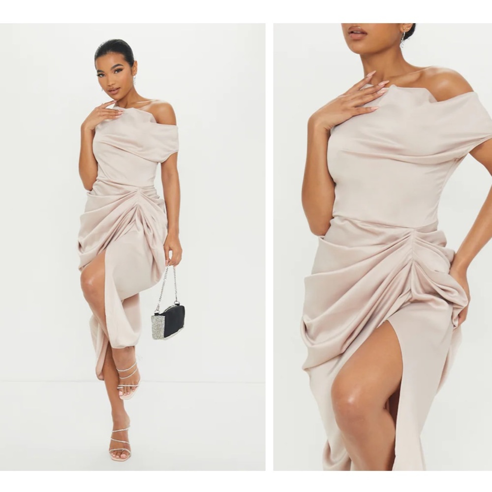 Champagne Satin Off The Shoulder Draped Skirt Midi Dress